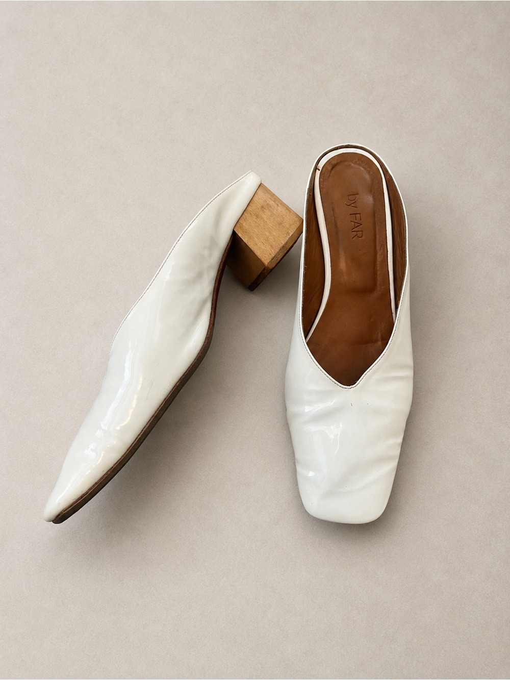 BY FAR PATENT LEATHER MULES $200+